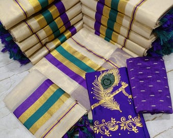 Hochwertiges goldenes Kunjalam-Set aus Kerala-Seidenstoff mit Mundu und genähter Bluse oder Blusenstoff, Kerala-Designs, Onam-Set