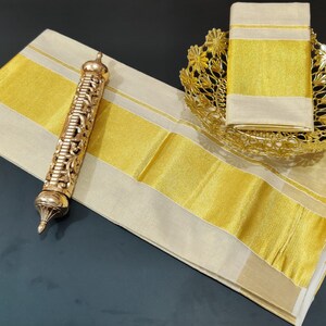 Golden Tissue Set Mundu with Blouse Material / Kerala traditional/ Handmade designs/Onam,Vishu,Festival wear image 2