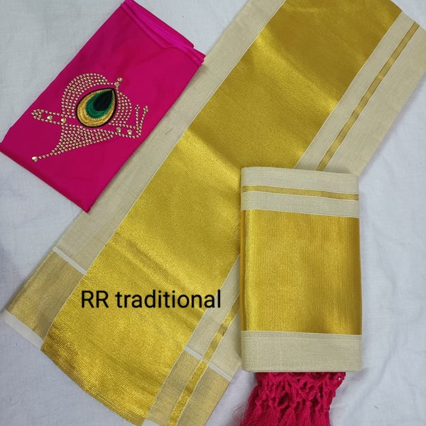 5 Inch Tissue Plain Kunjalam Setmund with Stitched Blouse or Blouse Material, Tissue Set Mundu, Kerala Traditional Setmund