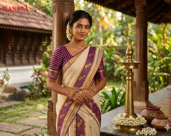 Kerala spezielles Taschentuch Set Mundu mit Pfau Design, mit genähter Bluse oder Blusenmaterial, schöne Kerala Designs, Onam, Vishu, Pooja.