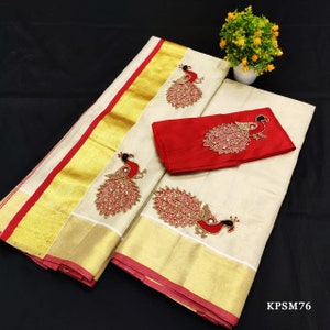 Kerala Tissue Set Mundu/ Set saree with Blouse Material / Ready to Wear Blouse /Traditional women clothing/ Handmade designs/Onam, Vishu KPSM76