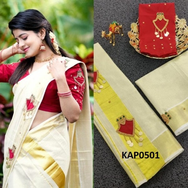 Kerala Lakshmi Coin Palakka Design Set Mundu with Stitched Blouse or  Blouse Material, Tissue Set Mundu,Handmade designs
