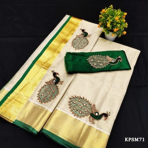 Kerala Tissue Set Mundu/ Set saree with Blouse Material / Ready to Wear Blouse /Traditional women clothing/ Handmade designs/Onam, Vishu KPSM71