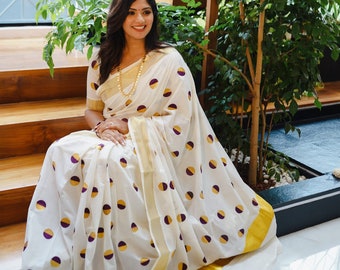 Onam Dress, Kerala Half grape color half jari polka cotton saree with Blouse material or ready to wear blouse Kerala, Onam, Vishu, Birthday