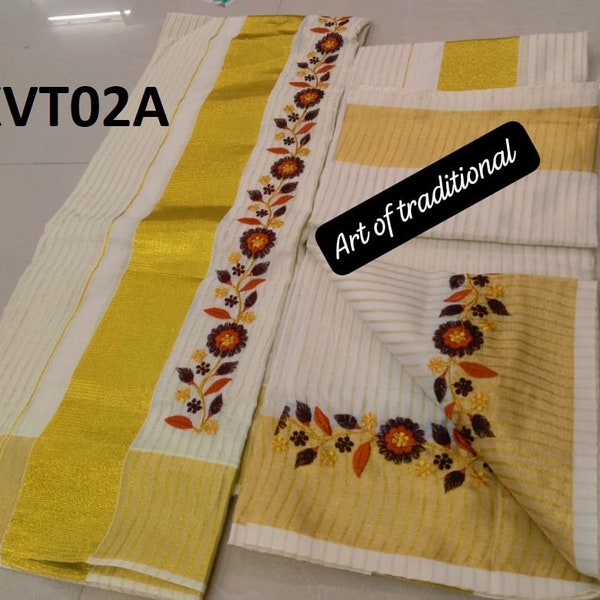 Golden Tissue Set Mundu with Blouse Stiched or Material ,Kerala traditional/ Handmade designs,Onam,Vishu,Pooja ,Christmas,Birthday,Festival