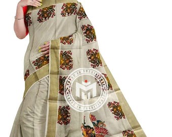 Kerala Goldenes Gewebe "pallu großes Wandbild gedruckt" Set Saree mit genähter Bluse oder Bluse Material, Kerala Saree, Onam wear