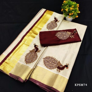 Kerala Tissue Set Mundu/ Set saree with Blouse Material / Ready to Wear Blouse /Traditional women clothing/ Handmade designs/Onam, Vishu KPSM74