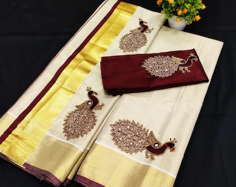 Kerala Tissue Set Mundu/ Set saree with Blouse Material / Ready to Wear Blouse /Traditional women clothing/ Handmade designs/Onam, Vishu