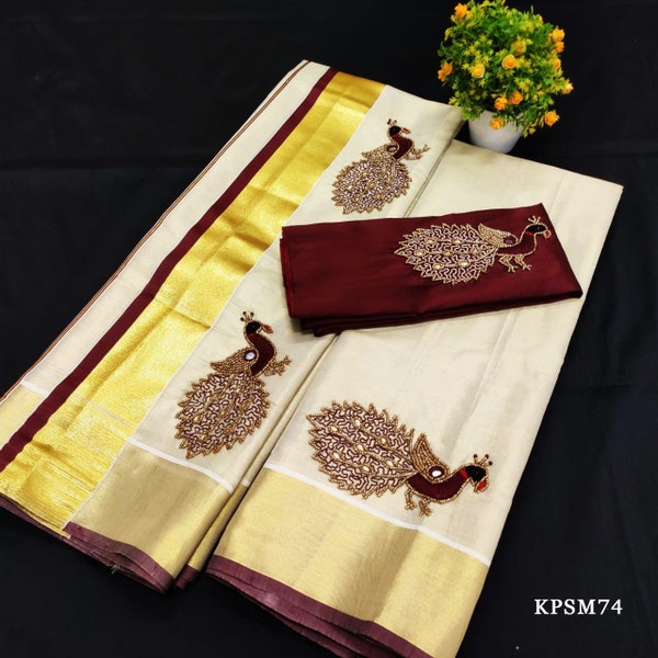 Kerala Tissue Set Mundu/ Set saree with Blouse Material / Ready to Wear Blouse /Traditional women clothing/ Handmade designs/Onam, Vishu