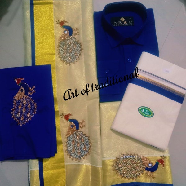 Onam Dress, Golden Tissue handworked set mundu  with Blouse material or ready to wear blouse and Shirt Dhoti Combo ,Kerala, Onam set mundu