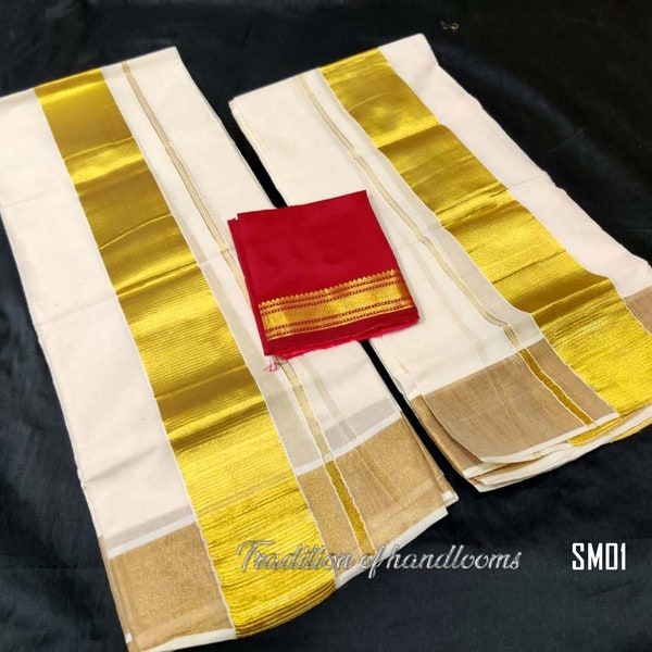 Women's Cotton Kerala Kasavu Set Mundu with Blouse Material / Indian traditional women clothing/ Handmade designs, Vishu Special Dress