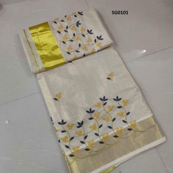 Kerala Traditional  Full tissue Embroidery Saree with Stitched Blouse /Handmade designs /Indian traditional Onam, Vishu, Festival wear