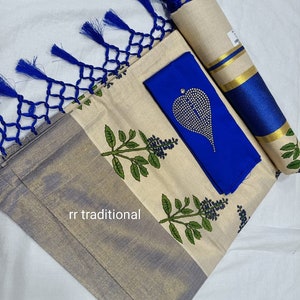 Kerala Tissue Kunjalam Tulasi Printed Set Saree, Stitched Blouse