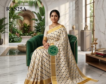 Kerala Baumwolle Kette Stickerei Saree mit Blusenstoff oder fertig zu tragen Bluse Kerala, Onam, Vishu Kleid