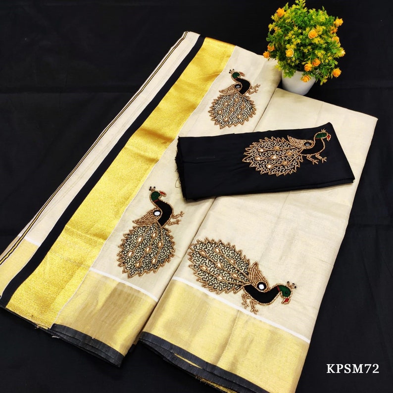 Kerala Tissue Set Mundu/ Set saree with Blouse Material / Ready to Wear Blouse /Traditional women clothing/ Handmade designs/Onam, Vishu KPSM72