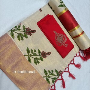 Kerala Tissue Kunjalam Tulasi Printed Set Saree, Stitched Blouse