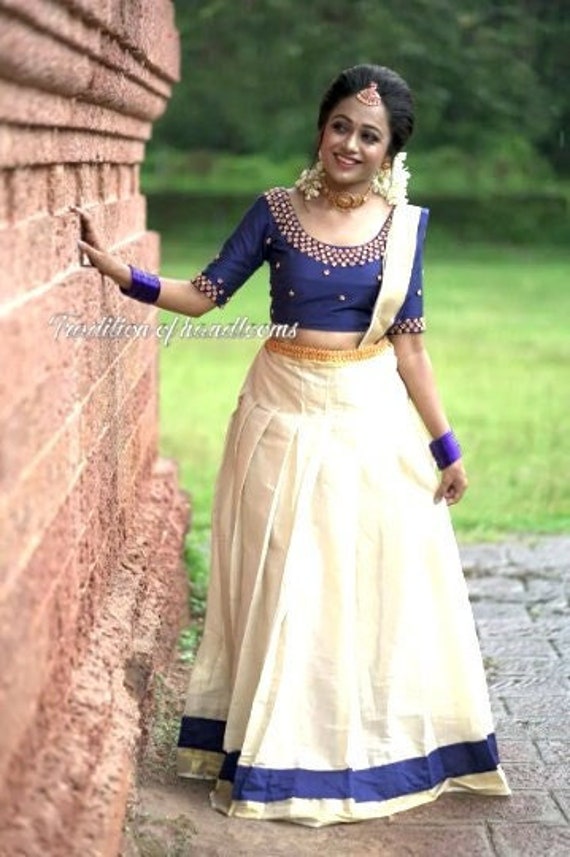 Buy Kerala Half Saree With Green Silk Blouse/ Kerala Dhavani for Ladies  Online in India - Etsy