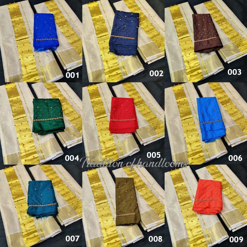 Beads work Tissue Set Mundu with Blouse Material / Kerala traditional women clothing/ Handmade designs/Vishu Special Dress image 3