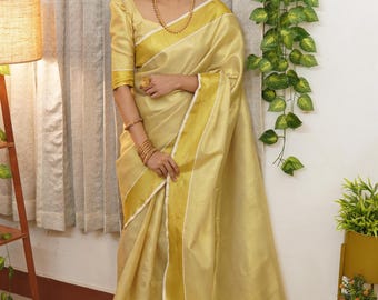 Kerala Saree Traditional Full Golden Color Bridal Tissue Saree with Blouse Material/Handmade designs/Onam Saree,Vishu,Birthday,Festival