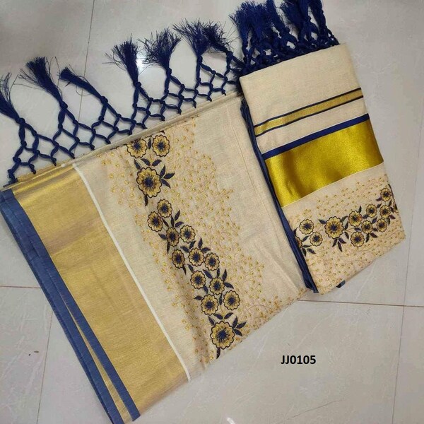 Kerala Traditional Tissue Temple print saree with stitched Blouse or Blouse Material / Indian Saree, Kerala Saree, Onam Saree