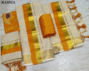 Kerala spezielle Qualität goldenes Gewebe halb und halb Farbe Jerry Set Mundu mit genähter Bluse oder Blusenmaterial, Kerala Designs, Onam Set