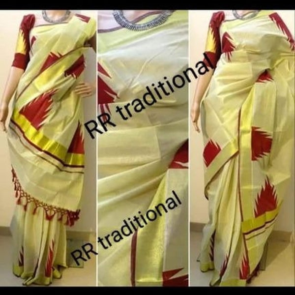 Tissue Kunjalam Big Temple printed Saree /Stitched or Non Stitched Blouse /Indian traditional / Handmade designs/Onam Dress, Kerala Saree