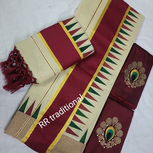 Onam Dress, Kerala Tissue double Color temple printed set mundu  with Blouse material or ready to wear blouse Kerala, Onam, Birthday