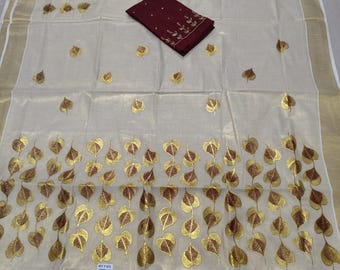 Kerala Traditionelle Goldene Gewebe Körper Voll Stickerei Saree mit genähte Bluse oder Bluse Material / Kerala Onam,Vishu, Festlich, Anlässe.