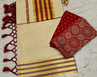 Kerala Traditionelle Besondere Qualität Goldene Gewebe Fancy Kunjalam Sarees 5x5 Borte mit genähte Bluse oder Bluse Material.Onam/ Festival.