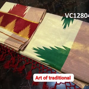 Kerala Vishu Sari Indian Cream Tissue hand Printed Onam Saree C7 - Col 4
