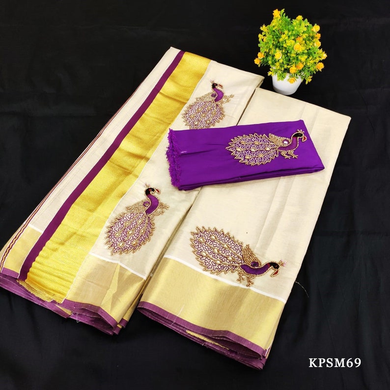 Kerala Tissue Set Mundu/ Set saree with Blouse Material / Ready to Wear Blouse /Traditional women clothing/ Handmade designs/Onam, Vishu KPSM69