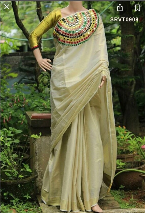 Kerala Golden Tissue Mirror Handwork Saree indian Traditional Etsy