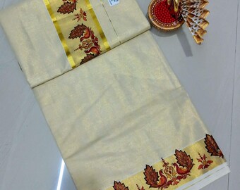 Kerala Goldenes Gewebe Kasavu Wandbild Print Set Saree mit genähter Bluse oder Blusenstoff