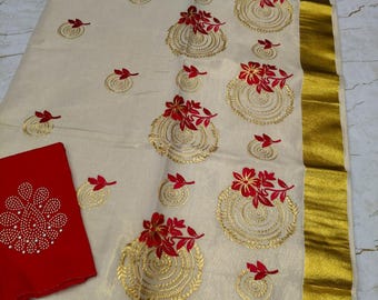 Kerala Goldenes Gewebe Vollstickerei Set Saree mit genähter Bluse oder Blusenmaterial, Kerala Saree, Onam wear