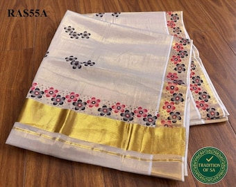 Kerala Traditionelle Goldene Gewebeblume Gedruckt Set saree mit genähte Bluse oder Bluse Material. Onam/Vishu/Fest.