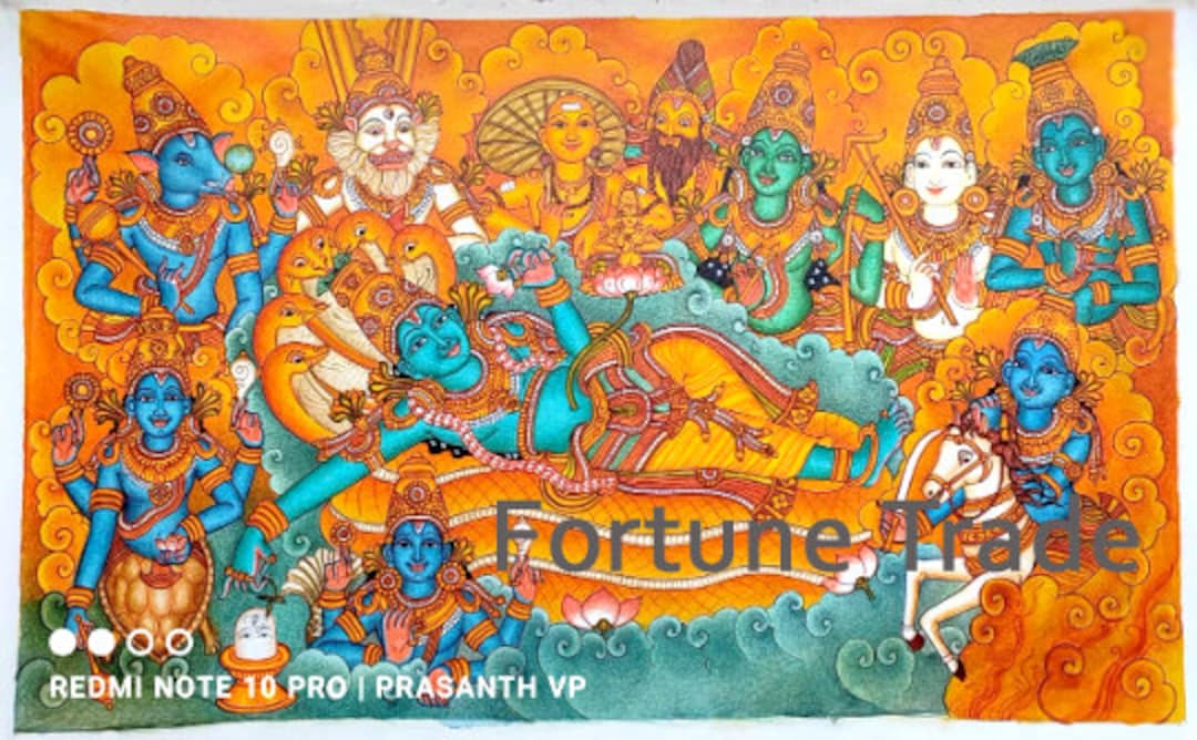 Kerala Original Mural Painting Dasavatharam , Artwork, Canvas Rolled