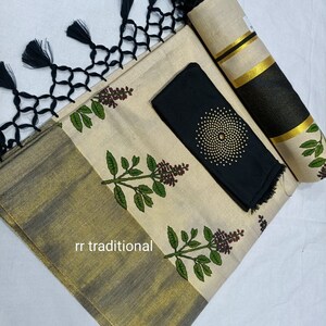 Kerala Tissue Kunjalam Tulasi Printed Set Saree, Stitched Blouse
