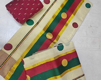 Kerala Special Tissue zweifarbig punktbedrucktes Set Mundu mit genähter Bluse oder Blusenstoff, Kerala Designs, Onam, Vishu