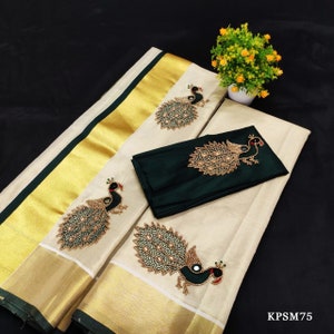 Kerala Tissue Set Mundu/ Set saree with Blouse Material / Ready to Wear Blouse /Traditional women clothing/ Handmade designs/Onam, Vishu KPSM75