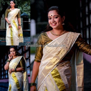 Beads work Tissue Set Mundu with Blouse Material / Kerala traditional women clothing/ Handmade designs/Vishu Special Dress image 1