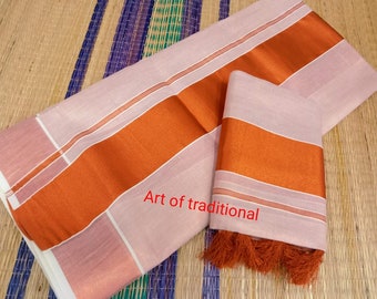 Kerala  Copper Tissue Set Mundu with Kunchalam ,Blouse Stitched /Material, traditional Clothing ,Handmade ,Onam, Vishu,Pooja ,Wedding
