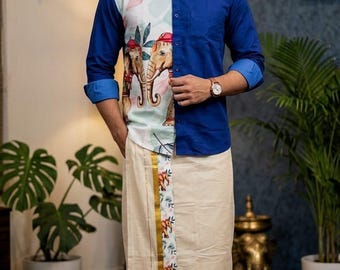 Herrenhemd und Mundu-Set / Traditionelle Kleidung aus Kerala, Onam, Vishu, Geburtstag, Festival, als Geschenk