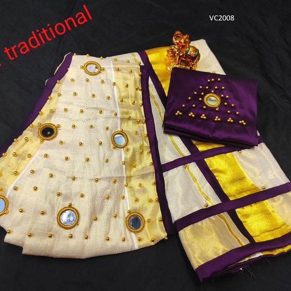 Pre pleated Golden Tissue Set Mundu with Blouse Material  / Kerala traditional/ Handmade designs/Onam,Vishu,Christmas,Birthday,Festival