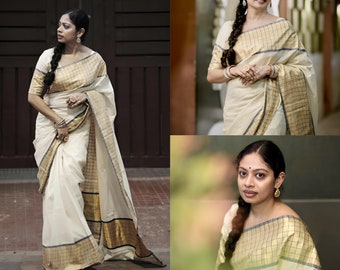 Kerala Special Border Checked  Saree/Handmade designs/Onam Saree, Vishu, Birthday, Festival,Pooja,Special Occasions.
