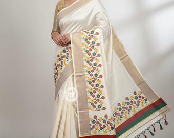 Goldenes Gewebe mehrfarbiges ausgefallenes Design Saree mit passendem Farbkombinationsdruck mit genähter Bluse oder Blusenstoff