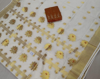 Kerala Baumwolle Jakkad Saree mit Bluse Stoff oder bereit zu tragen Bluse Kerala, Onam, Vishu Kleid