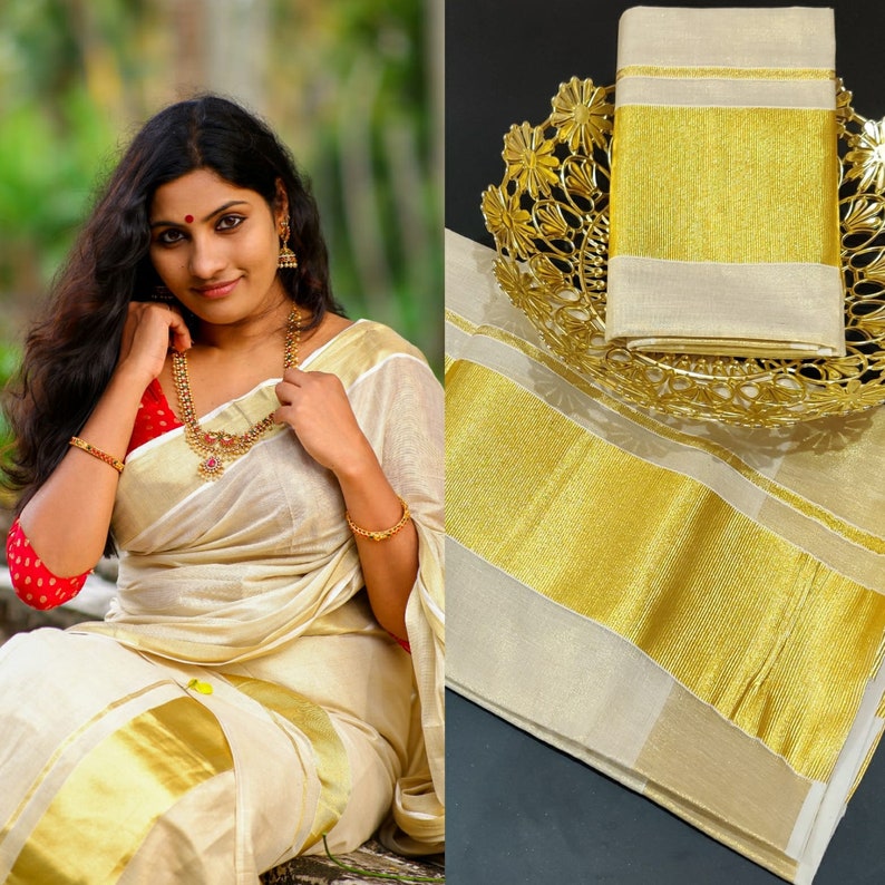 Golden Tissue Set Mundu with Blouse Material / Kerala traditional/ Handmade designs/Onam,Vishu,Festival wear image 1
