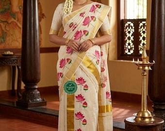 Kerala spezielles Gewebe gedrucktes Set Mundu 2.80 M mit genähter Bluse oder Blusenmaterial, schöne Kerala-Designs, Onam, Vishu, Pooja.