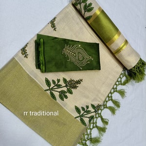 Kerala Tissue Kunjalam Tulasi Printed Set Saree, Stitched Blouse