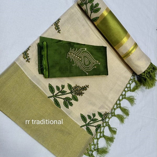 Kerala Tissue Kunjalam Tulasi Printed Set Saree, Stitched Blouse, Indian, Handmade, Kerala Saree Traditional, Onam,Vishu Set Saree, Festival